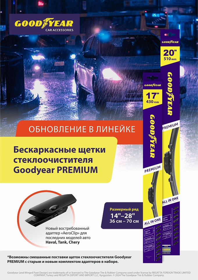 Новый адаптер "AeroClip" в комплекте щеток стеклоочистителя Goodyear PREMIUM