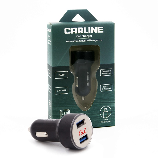 Адаптер CARLINE® д/авто с вольтметром 2хUSB (3.4A Max) в прикуриватель 12/24В/черный/уп. коробка