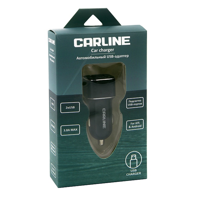 Адаптер CARLINE® д/авто 2хUSB (3.8А Max) в прикуриватель 12/24В/черный/уп. коробка