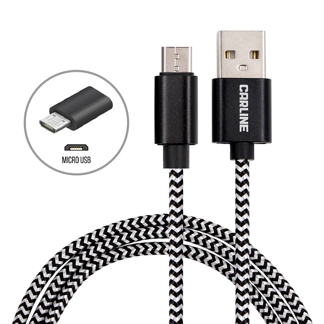 Кабель CARLINE USB-microUSB, тканевая оплетка,1 метр, 2.1 Ампера